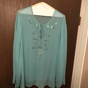 NWOT Karen Kane Light Teal Beaded Blouse-2X